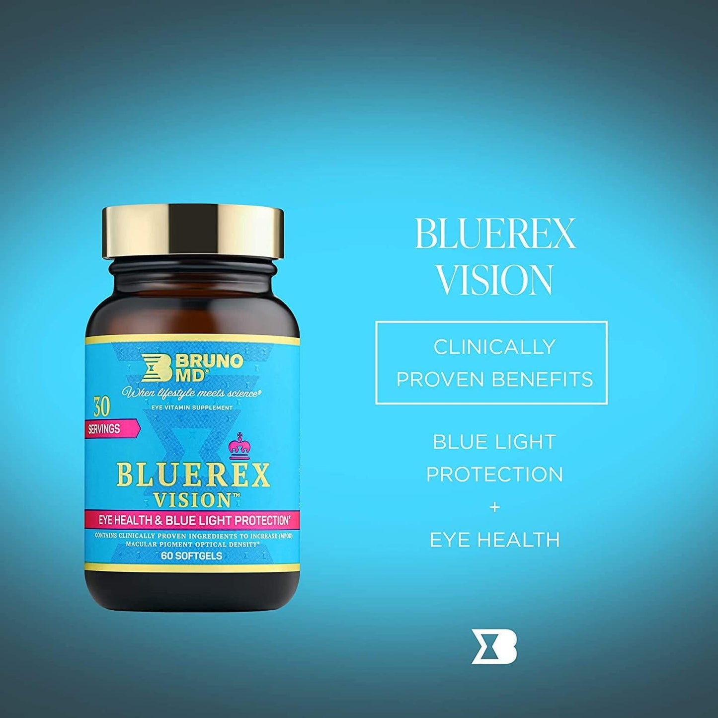 Bruno MD BlueRex Vision, Eye Health Supplement for Adults, Vitamin E and Bilberry Extracts, Antioxidant Supplement, Helps with Computer Vision Syndrome, Dry Eyes and Eye Health