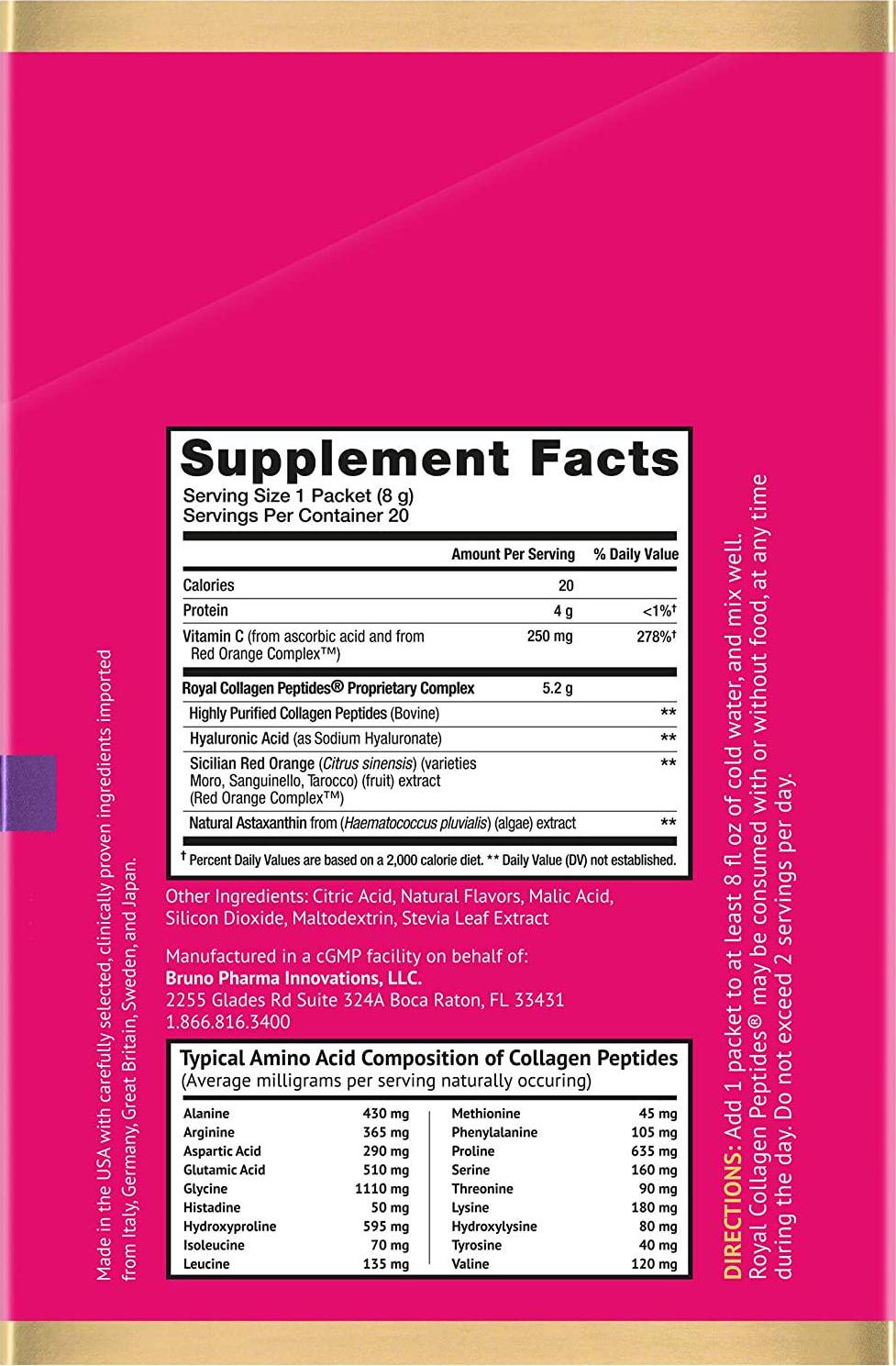 Bruno MD Royal Collagen Peptides - Beauty from Within, Clinically Proven, Dietary Supplement, Improves Skin and The Look of Hair, Nails and Cellulite,Blended with Vitamin C (Strawberry Acai)