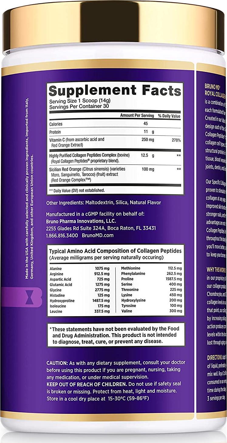 Bruno MD Royal Collagen Peptides, Clinically proven, Dietary Supplement, Improves Skin, European Sourced, Improves the Look of Hair and Nails, Blended with Vitamin C, Natural Bone and Joint Supplement