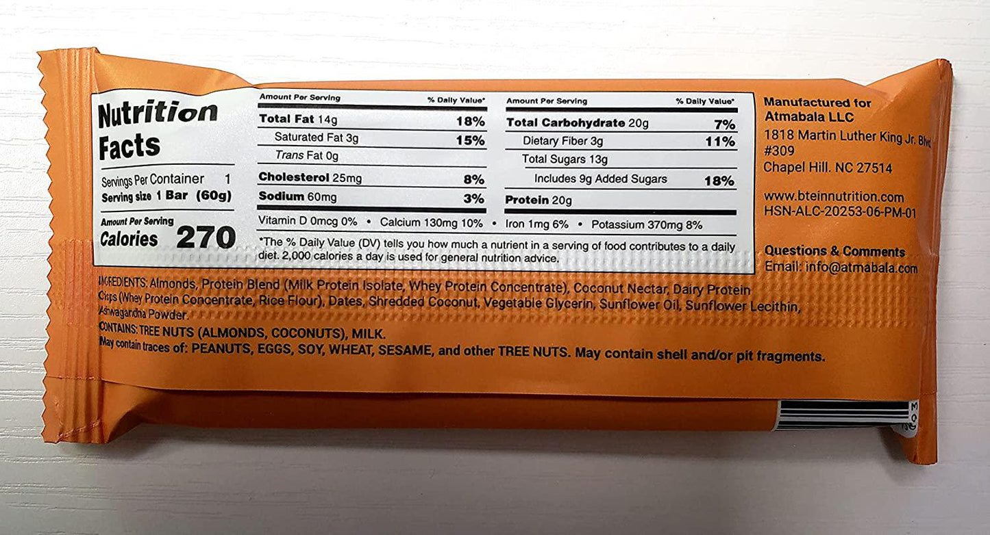 Btein - Almond Coconut Bar 20g. Protein bar fortified with Ashwagandha root Almond Coconut Bar 8X60g bars. 8 count pack