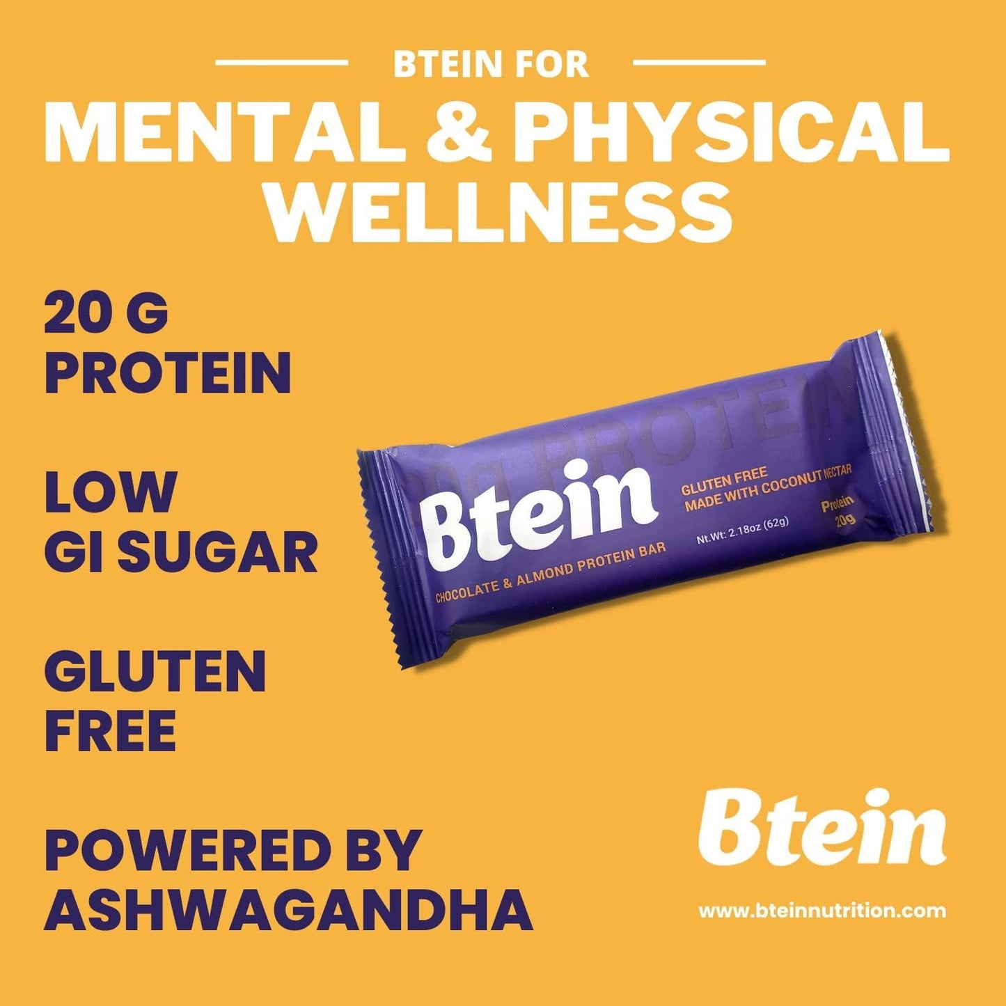 Btein - Almond Coconut Bar 20g. Protein bar fortified with Ashwagandha root Almond Coconut Bar 8X60g bars. 8 count pack