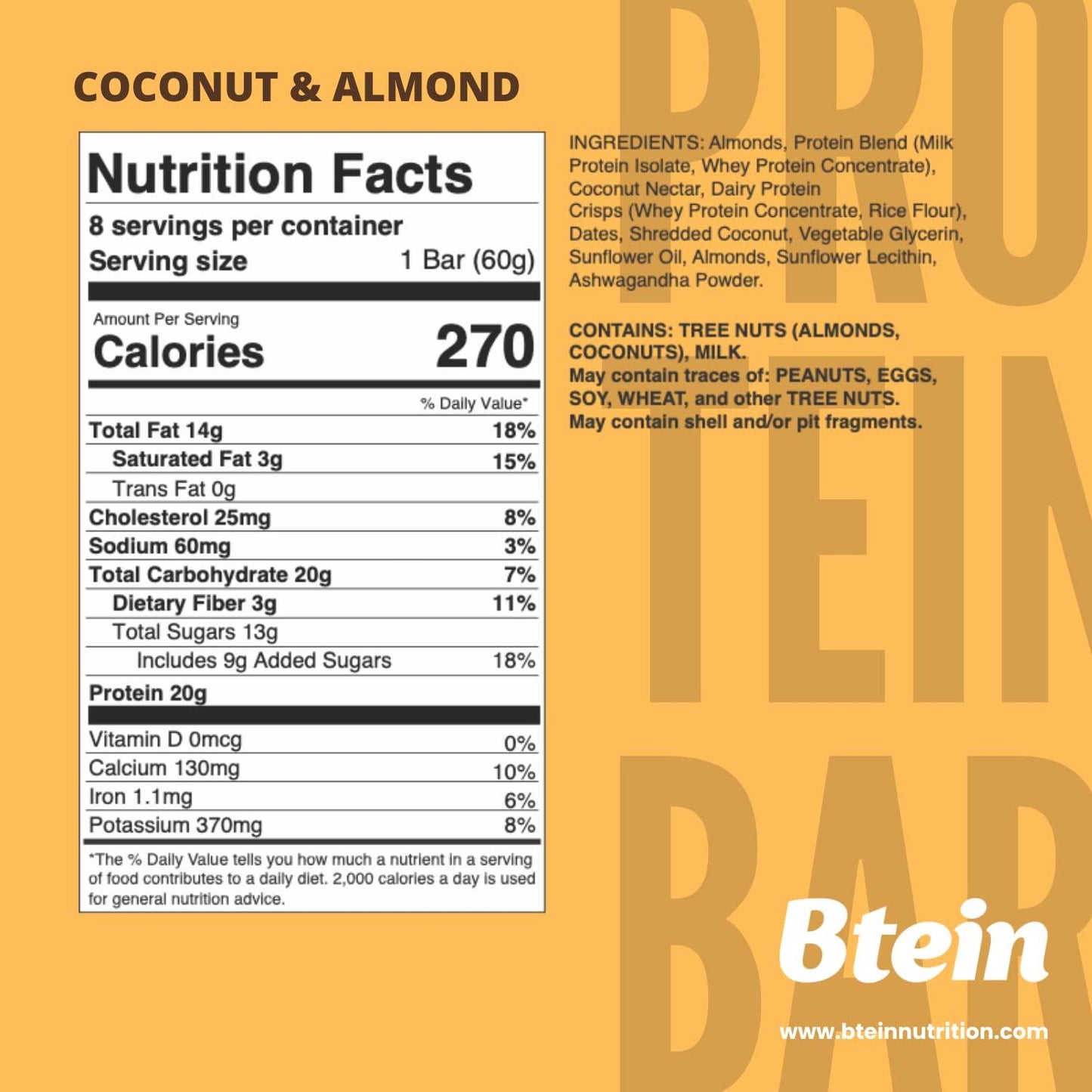Btein - Almond Coconut Bar 20g. Protein bar fortified with Ashwagandha root Almond Coconut Bar 8X60g bars. 8 count pack