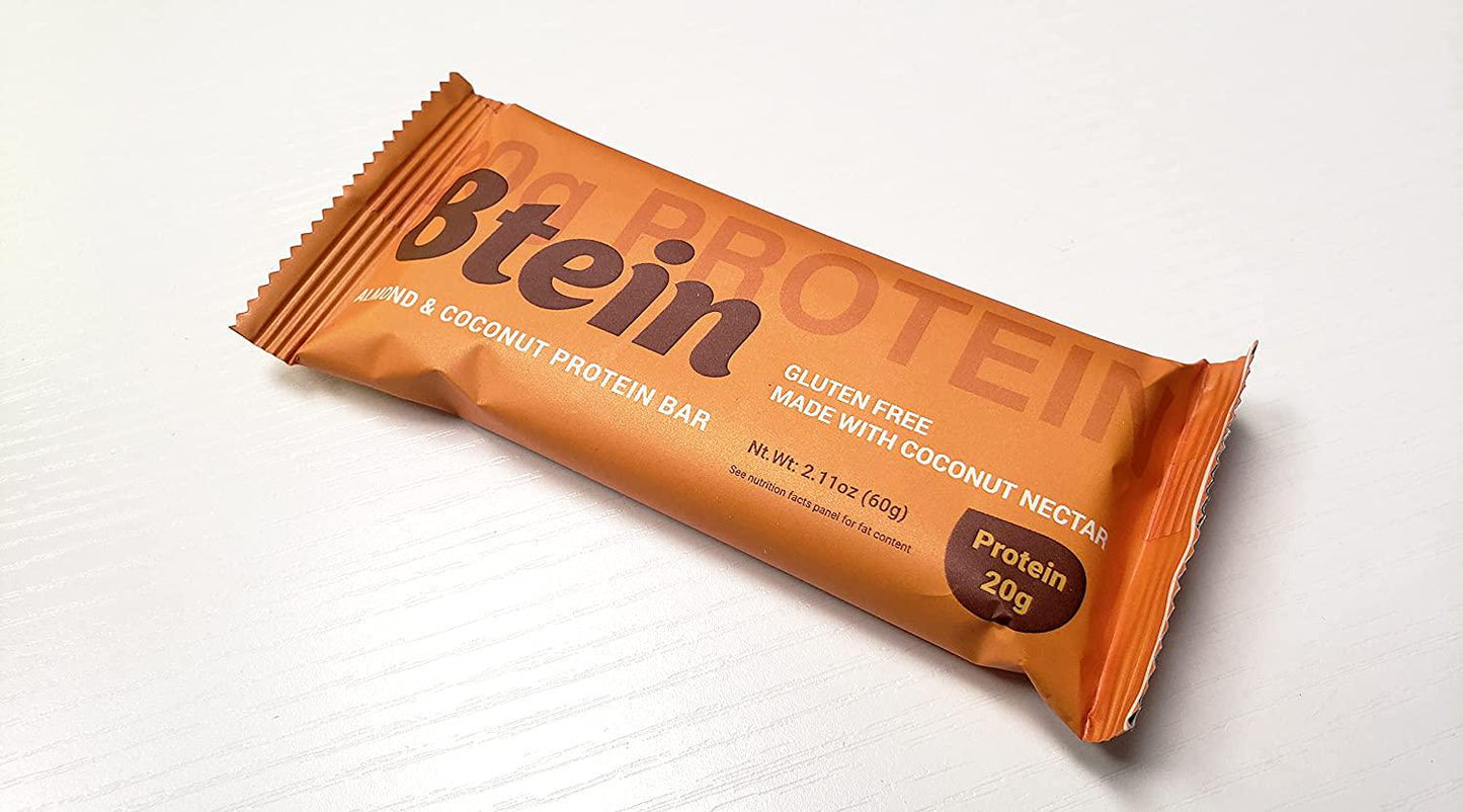Btein - Almond Coconut Bar 20g. Protein bar fortified with Ashwagandha root Almond Coconut Bar 8X60g bars. 8 count pack