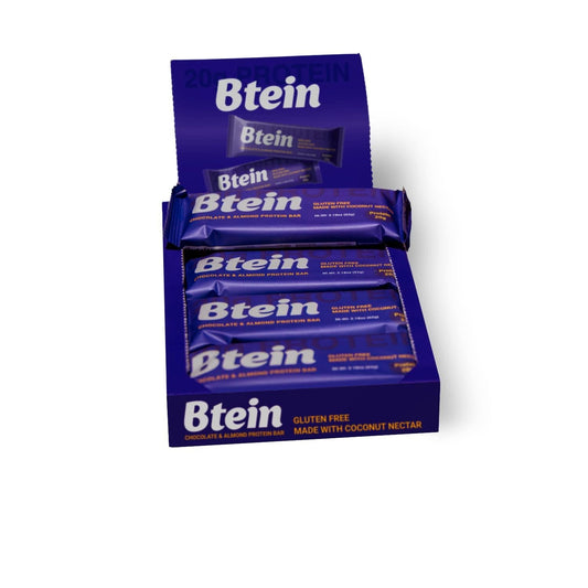 Btein - Chocolate Almond 20g. Protein bar fortified with Ashwagandha root Chocolate Almond Bar 8X60g bars. 8 count pack