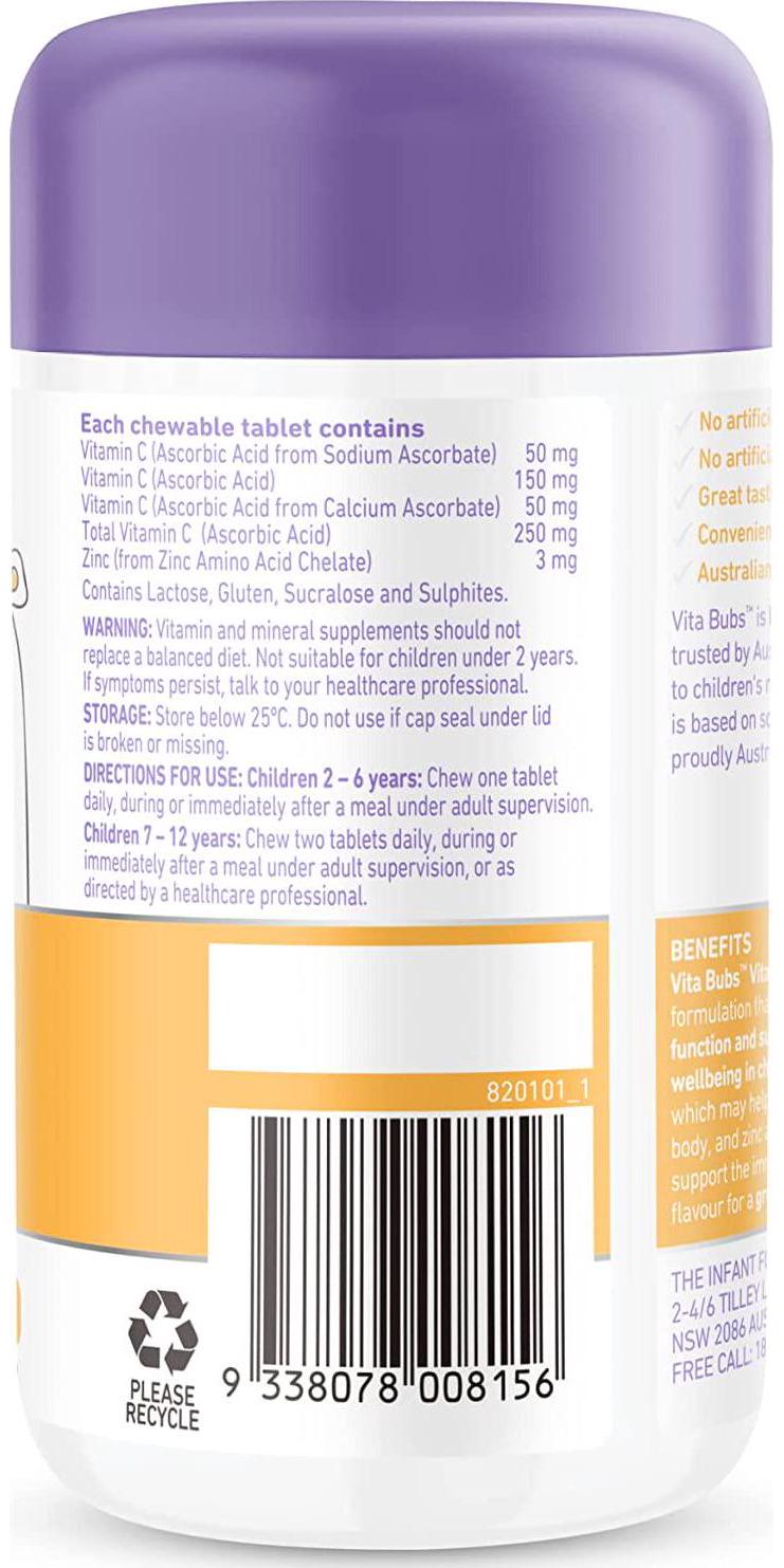 Bubs Vita Bubs Vitamin C + Zinc, 60 Tablets,