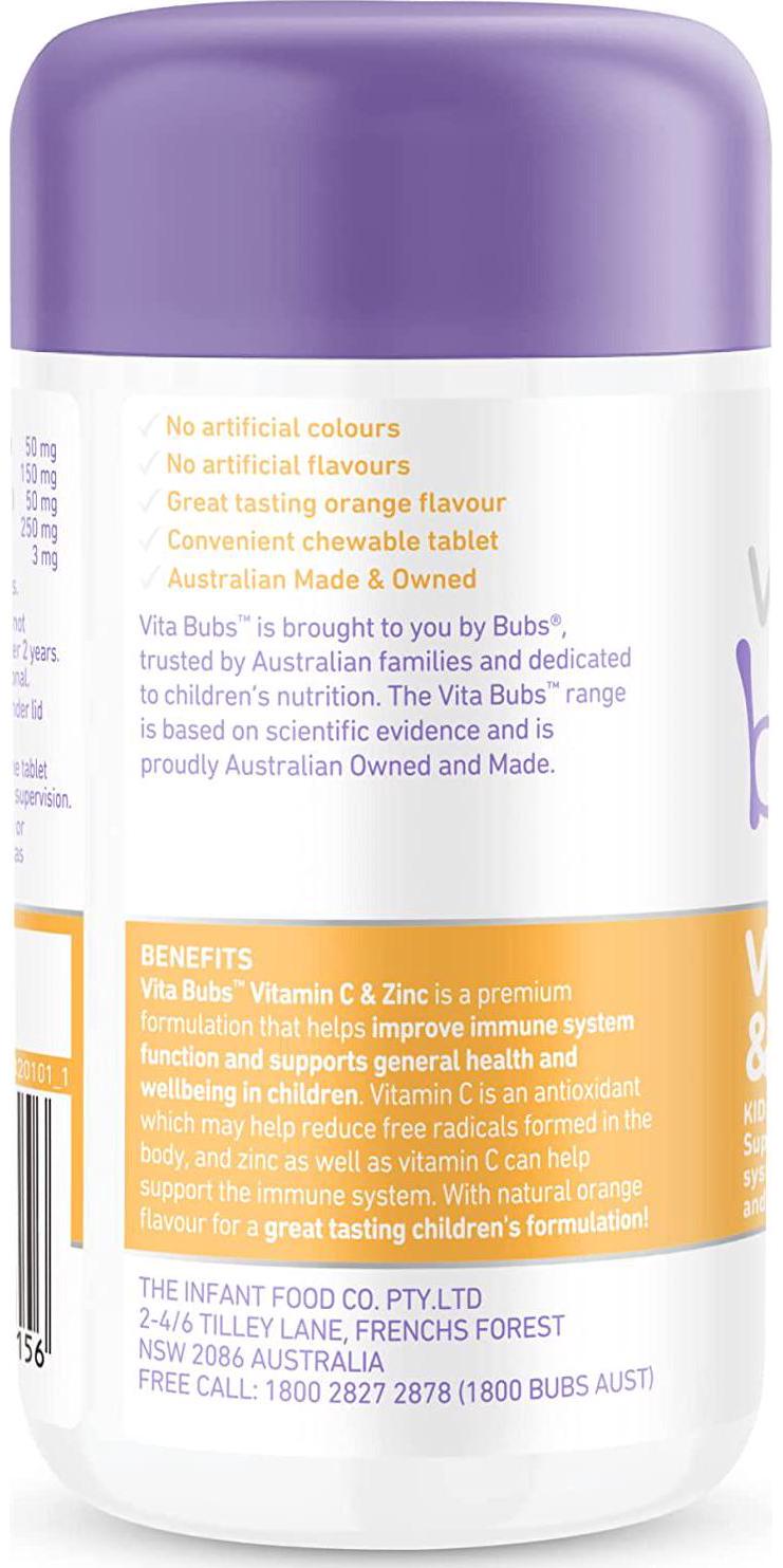 Bubs Vita Bubs Vitamin C + Zinc, 60 Tablets,