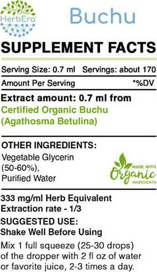 Buchu B120 Alcohol-Free Herbal Extract Tincture, Organic Buchu (Agathosma Betulina) Dried Leaf (4 fl oz)