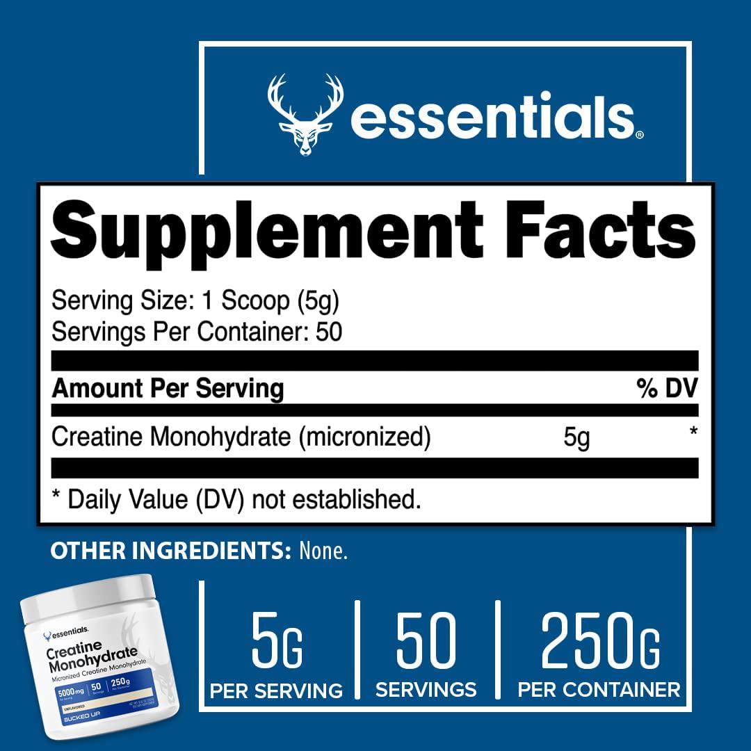 Bucked Up Creatine Monohydrate 250 Grams Powder, Bucked Up Essentials (50 Servings)
