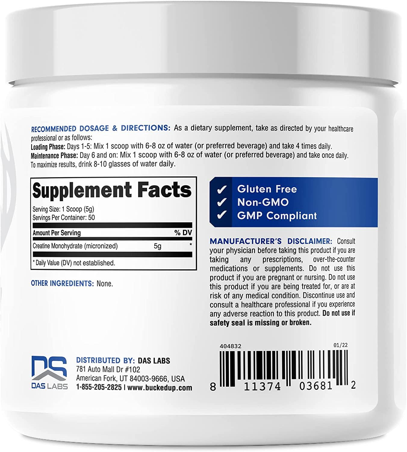 Bucked Up Creatine Monohydrate 250 Grams Powder, Bucked Up Essentials (50 Servings)