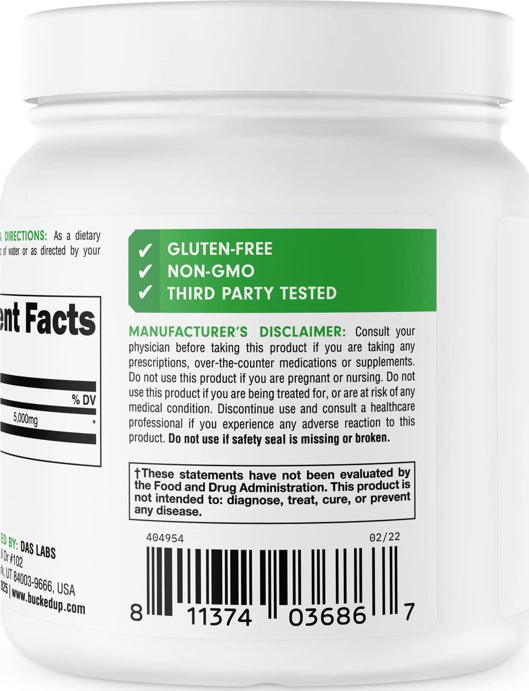 Bucked Up L-Glutamine 500g Powder, Bucked Up Essentials (100 Servings)