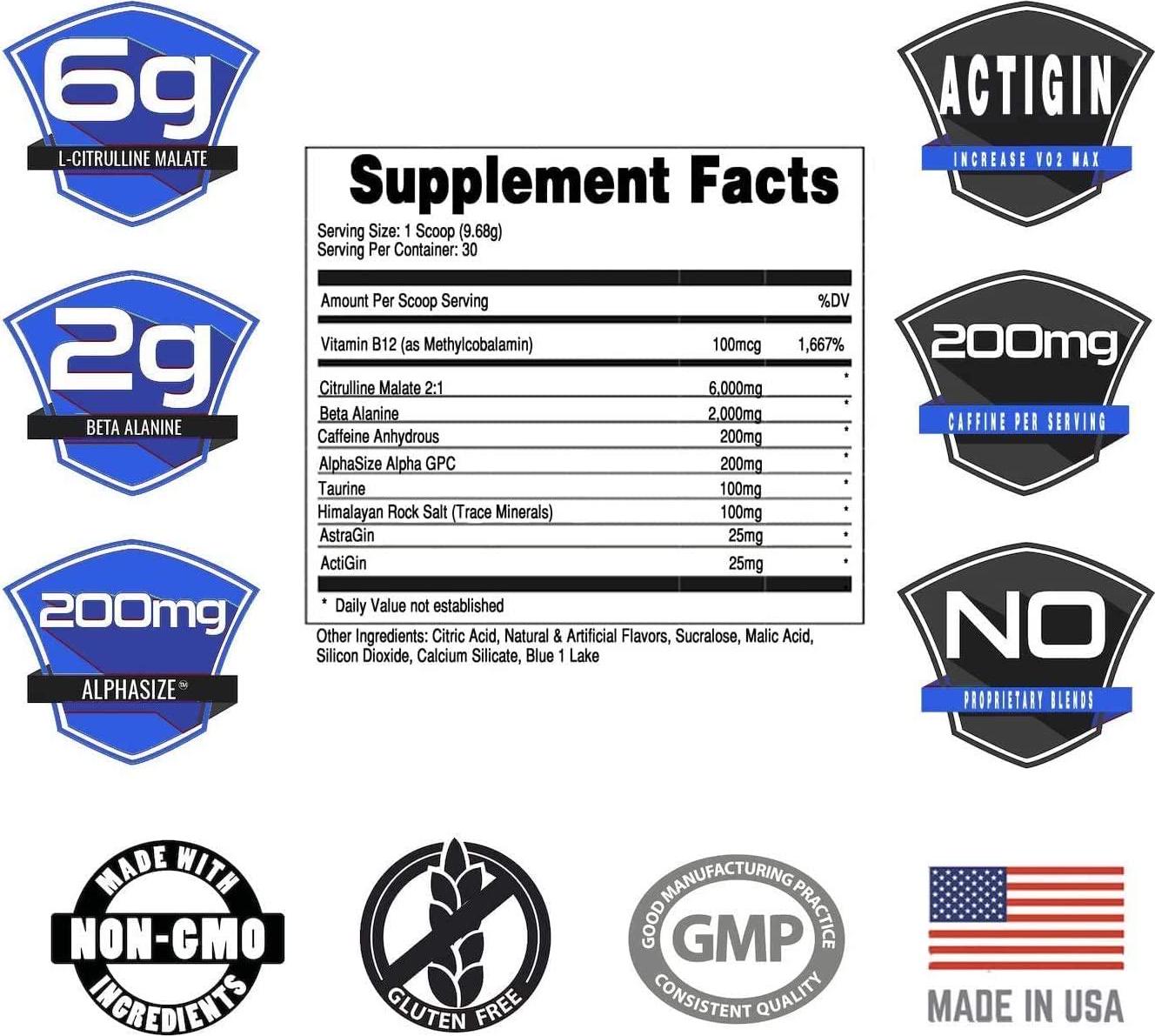 Bucked Up Pre Workout 6 Grams Citrulline, 2 Grams Beta Alanine, and 3 Other Registered trademarked Ingredients (Blue Raz) - 2 Pack
