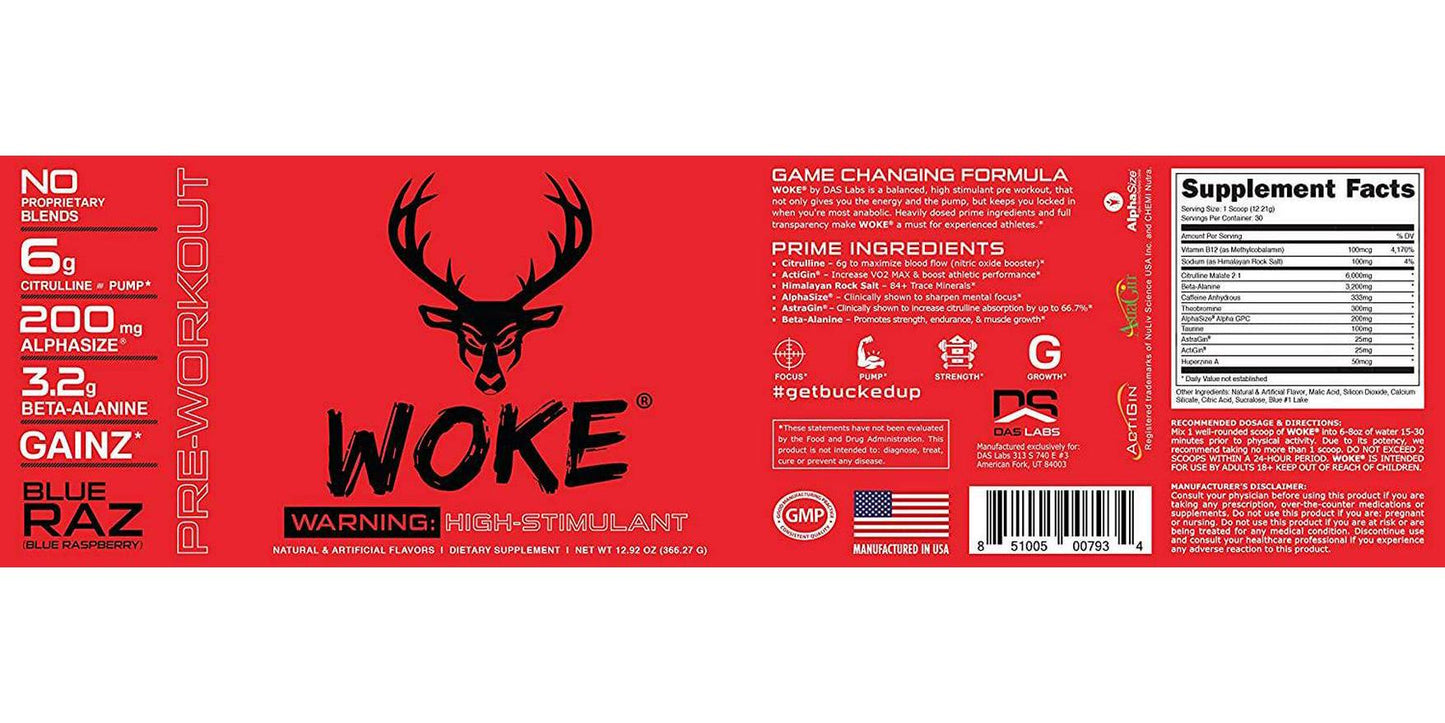 Bucked Up - Woke - HIGH STIM Pre Workout - Best Tasting - Focus Nootropic, Pump, Strength and Growth, 30 Servings (Rocket Pop)