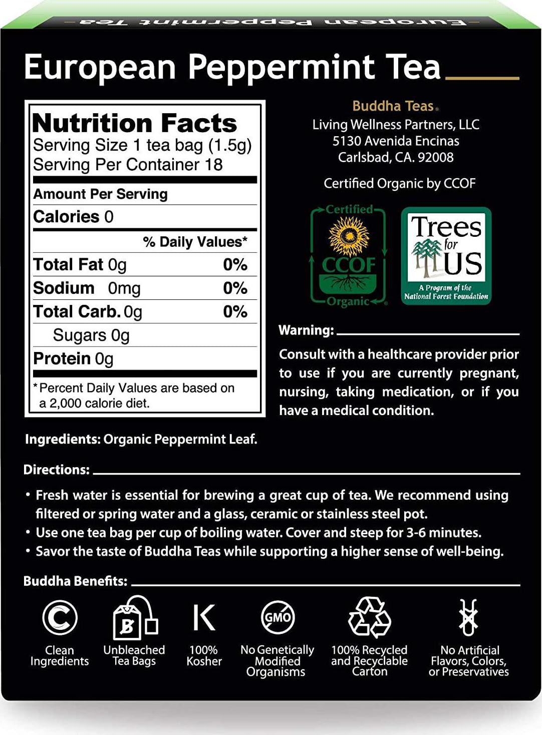 Buddha Teas Organic European Peppermint Tea - OU Kosher, USDA Organic, CCOF Organic, 18 Bleach-Free Tea Bags