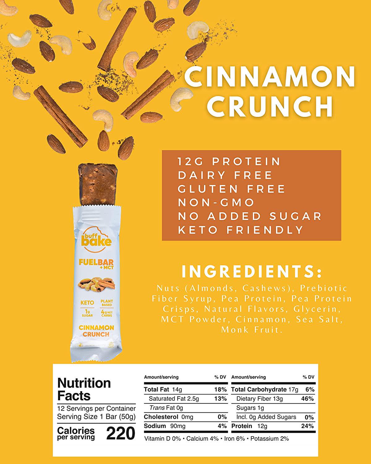 Buff Bake Fuel Bar Keto Protein Bars | Vegan, Low Carb, Low Sugar, Non Dairy, Gluten Free | 12g Plant Based Protein Snack Bars | MCT, Energy, Fiber | 1g Sugar, 4g Net Carbs | Cinnamon Crunch, 12 Pack