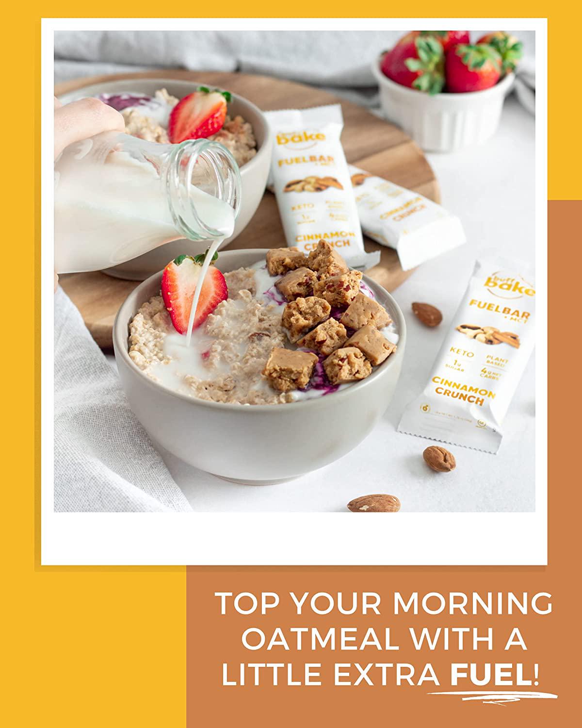 Buff Bake Fuel Bar Keto Protein Bars | Vegan, Low Carb, Low Sugar, Non Dairy, Gluten Free | 12g Plant Based Protein Snack Bars | MCT, Energy, Fiber | 1g Sugar, 4g Net Carbs | Cinnamon Crunch, 12 Pack