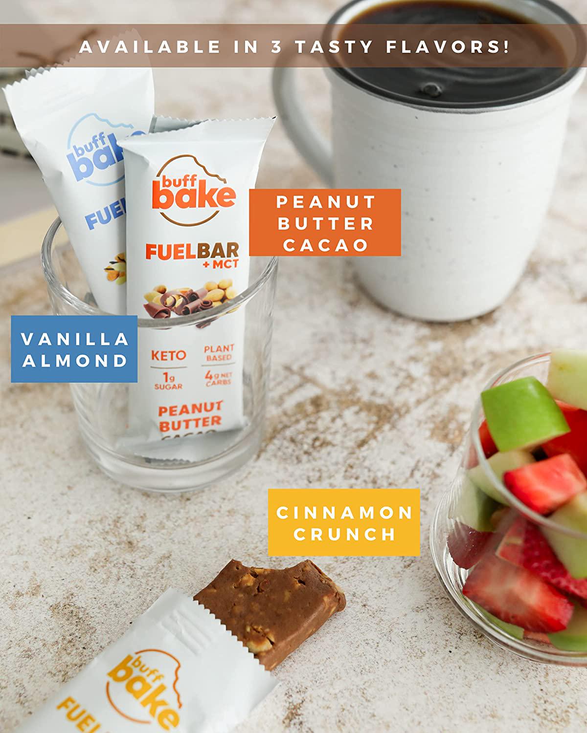 Buff Bake Fuel Bar Keto Protein Bars | Vegan, Low Carb, Low Sugar, Non Dairy, Gluten Free | 12g Plant Based Protein Snack Bars | MCT, Energy, Fiber | 1g Sugar, 4g Net Carbs | Cinnamon Crunch, 12 Pack