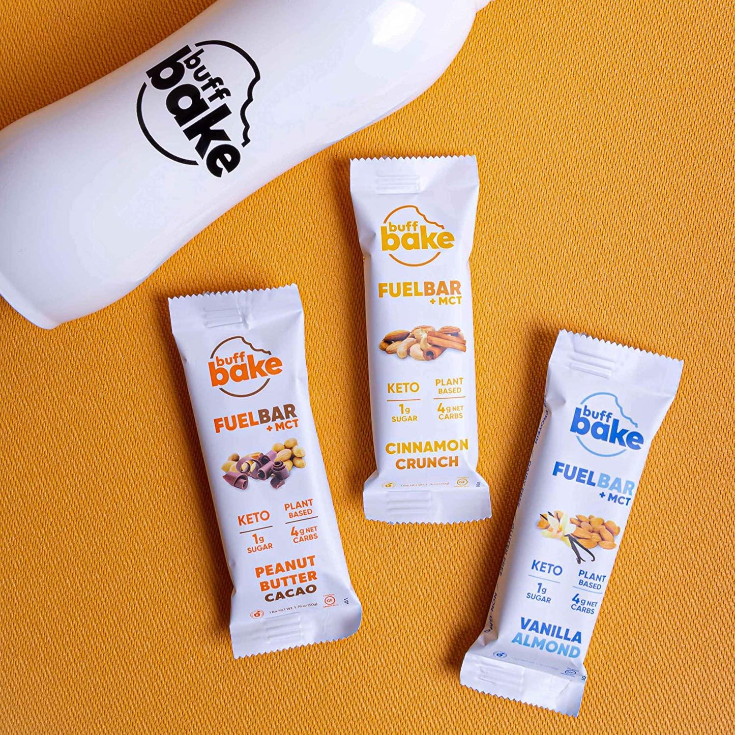 Buff Bake Fuel Bar Keto Protein Bars | Vegan, Low Carb, Low Sugar, Non Dairy, Gluten Free | 12g Plant Based Protein Snack Bars | MCT, Energy, Fiber | 1g Sugar, 4g Net Carbs | Cinnamon Crunch, 12 Pack