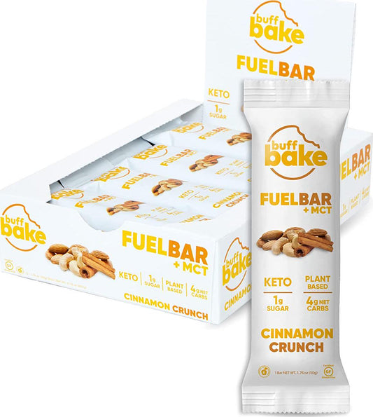Buff Bake Fuel Bar Keto Protein Bars | Vegan, Low Carb, Low Sugar, Non Dairy, Gluten Free | 12g Plant Based Protein Snack Bars | MCT, Energy, Fiber | 1g Sugar, 4g Net Carbs | Cinnamon Crunch, 12 Pack