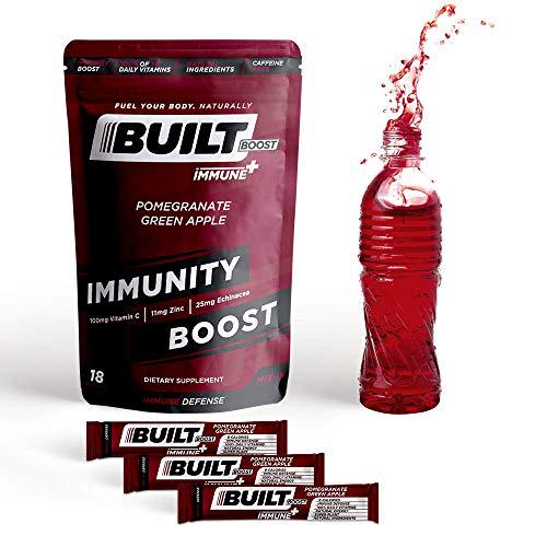 Built Boost Immune+ 18 Pack Natural Energy Drink Mix - 100% of 14 Daily Vitamins - Immune Support and Sustained Energy - Caffeine Free, Gluten Free and Zero Calories (Pomegranate Green Apple)