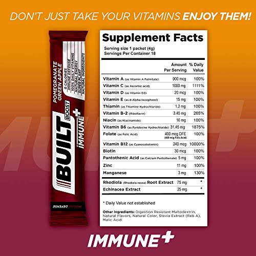 Built Boost Immune+ 18 Pack Natural Energy Drink Mix - 100% of 14 Daily Vitamins - Immune Support and Sustained Energy - Caffeine Free, Gluten Free and Zero Calories (Pomegranate Green Apple)