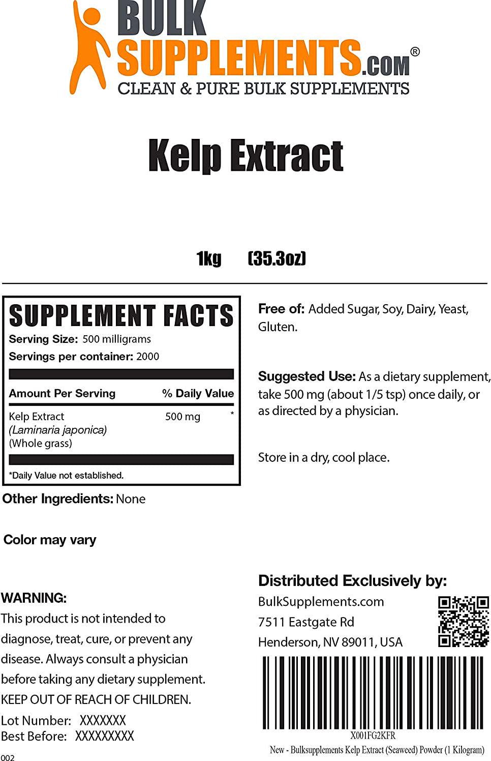 BulkSupplements Kelp Extract (Seaweed) Powder Natural Hair, Skin and Nail Care (1 Kilogram)