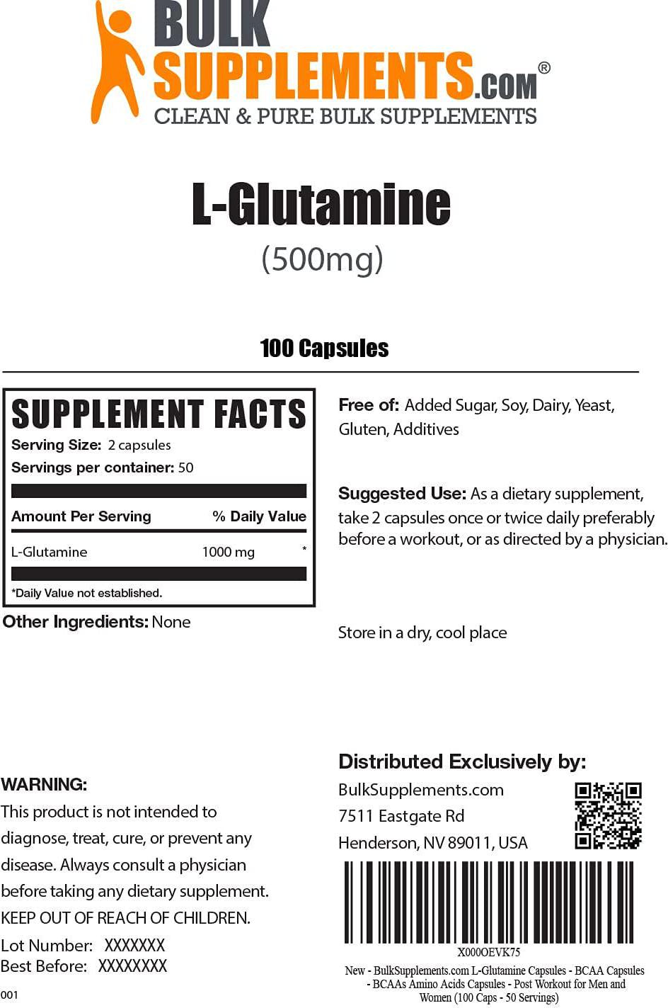 BulkSupplements L-Glutamine Capsules (100 Vegetarian Capsules)