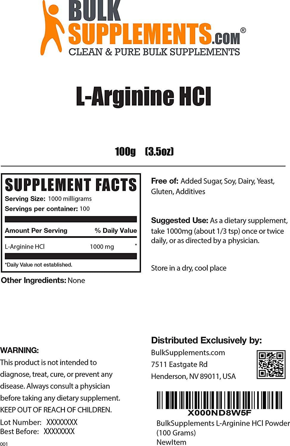 BulkSupplements.com L-Arginine HCl Powder - Amino Acid Powder - Nitric Oxide Supplement - Oxygen Boost - AKG Supplement - Amino Acids Supplement For Men - Nitric Oxide Powder (100 Grams 3.5 oz)
