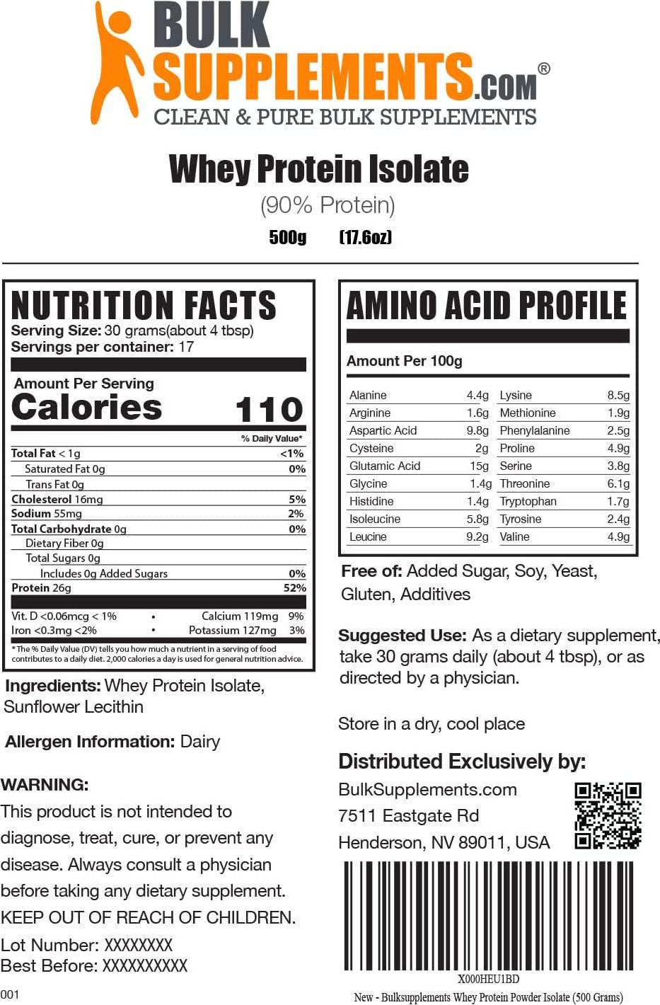 BulkSupplements.com Whey Protein Isolate 90% - Protein Supplement - Whey Isolate Protein Powder - ISO Protein Powder - Whey Protein Powder - Whey Protein Powder Unflavored (500 Grams - 1.1 lbs)