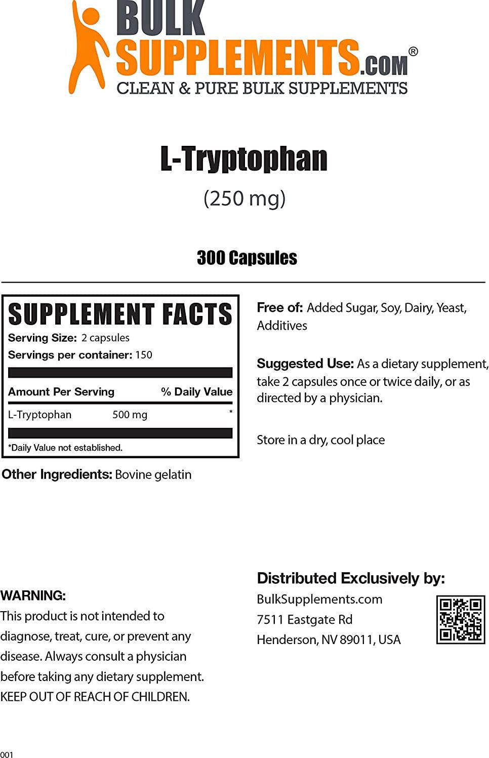 BulkSupplements.com L-Tryptophan - New Mood Supplement - Sleep Supplement - Serotonin and Dopamine Supplements - Sleep Aid Natural - Dog Melatonin- Baby Melatonin (300 Capsules - 150 Servings)