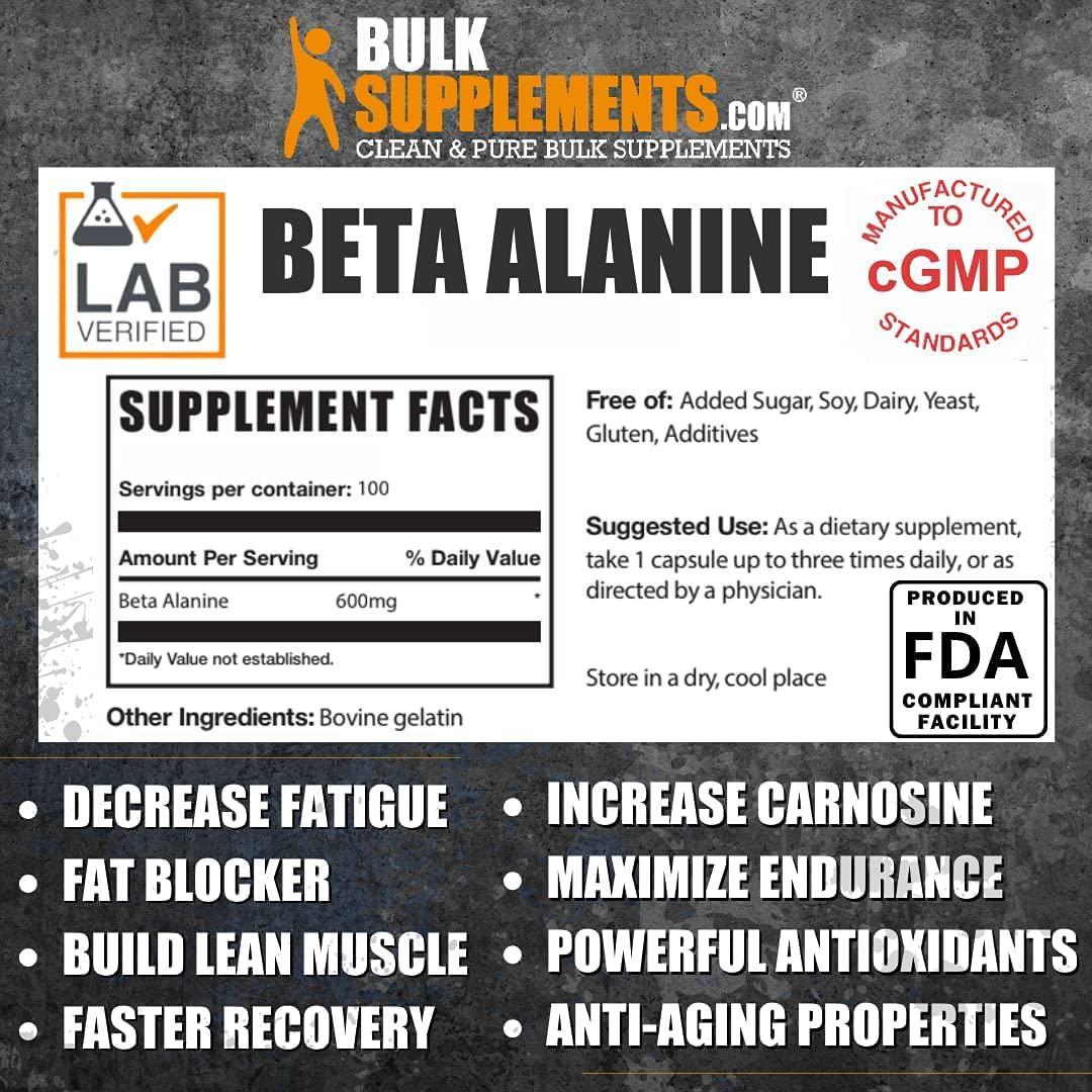 BulkSupplements.com Beta Alanine - Beta Alanine Pills - Unflavored Pre Workout - Vegan Pre Workout - Workout Recovery - BCAA Pills - BCAA For Women (100 Gelatin Capsules - 100 Servings)
