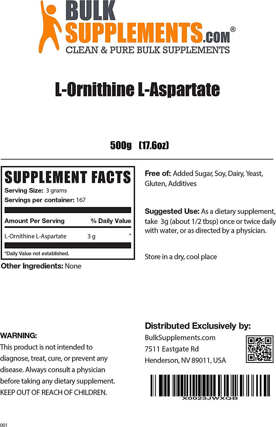 BulkSupplements.com L-Ornithine L-Aspartate Powder - Amino Acid Supplements - Urea Powder - Amino Acid Supplement (500 Grams - 1.1 lbs)