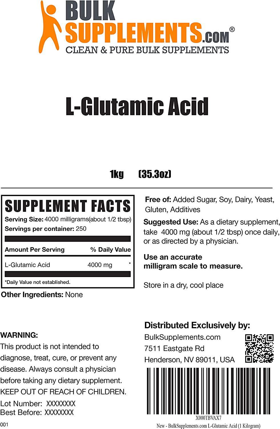 BulkSupplements.com L-Glutamic Acid - Amino Acids Supplement for Men - Amino Acids Supplement for Women (1 Kilogram - 2.2 lbs)