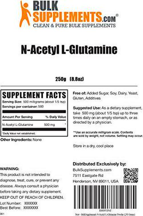 BulkSupplements.com N-Acetyl L-Glutamine Powder - Amino Acid Nutritional Supplements - Recovery Supplements Post Workout - Amino Acids Supplement for Women - Post Workout for Men (250 Grams - 8.8 oz)