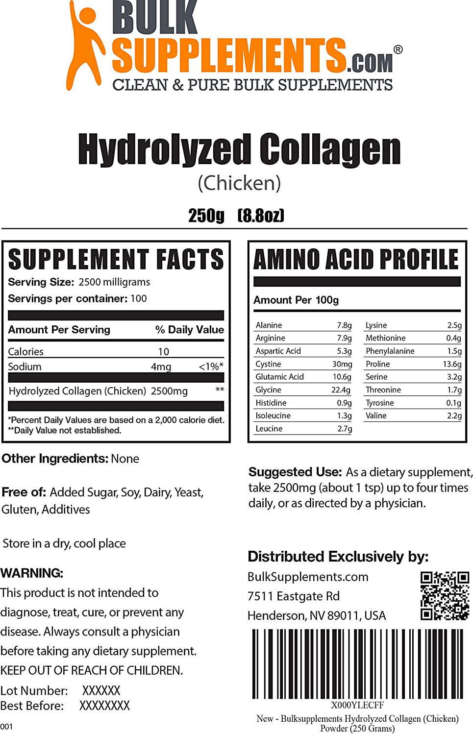 BulkSupplements.com Hydrolyzed Collagen (Chicken) Powder - Collagen Powder - Collagen Peptides Powder For Women - Collagen Supplements - Collagen For Men - Keto Collagen (250 Grams - 8.8 oz)