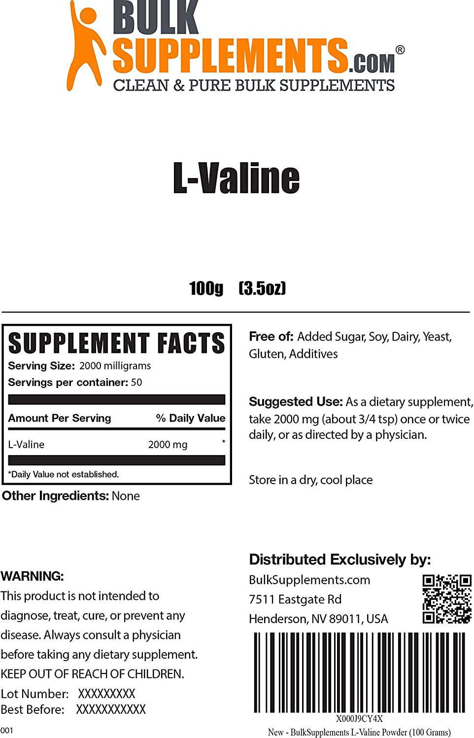 BulkSupplements.com L-Valine Powder - Amino Acids Supplement - BCAAS Amino Acids Powder - Vegan BCAA - BCAA Powder - Raw BCAA - Amino Acid Powder - Amino Acids Supplement For Men (100 Grams - 3.5 oz)