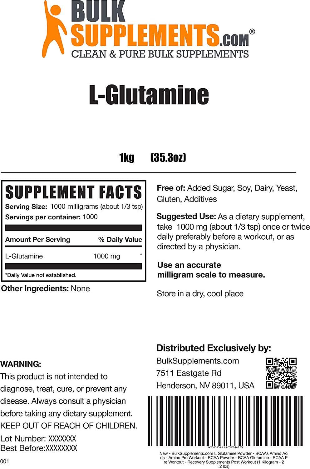 BulkSupplements.com L-Glutamine Powder - Glutamine Supplement - L Glutamine Powder - Bodybuilding Supplements - BCAA Glutamine - Workout Supplement for Women (1 Kilogram - 2.2 lbs)