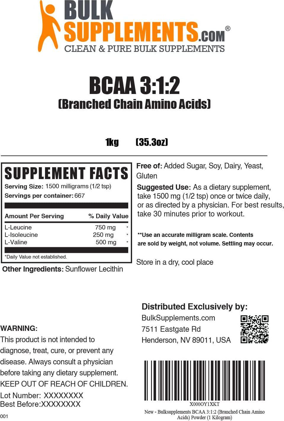 BulkSupplements.com BCAA 3:1:2 (Branched Chain Amino Acids) - BCAAs Amino Acids - BCAA Powder - Muscle Building Supplements for Men - BCAA Pre Workout - Amino Acid Powder (1 Kilogram - 2.2 lbs)