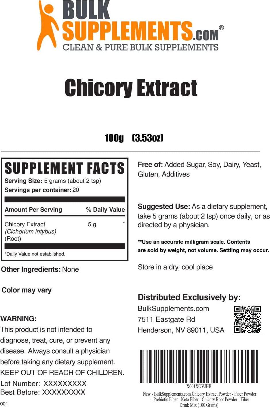 BulkSupplements.com Chicory Extract Powder - Fiber Supplement - Chicory Root Fiber Powder - Chicory Root Powder - Gut Health Powder - Prebiotic Fiber Powder (100 Grams - 3.5 oz)