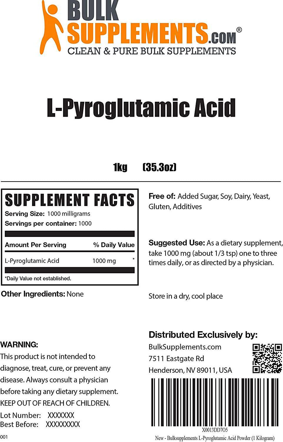 BulkSupplements.com Pure L-Pyroglutamic Acid Powder (1 Kilogram)