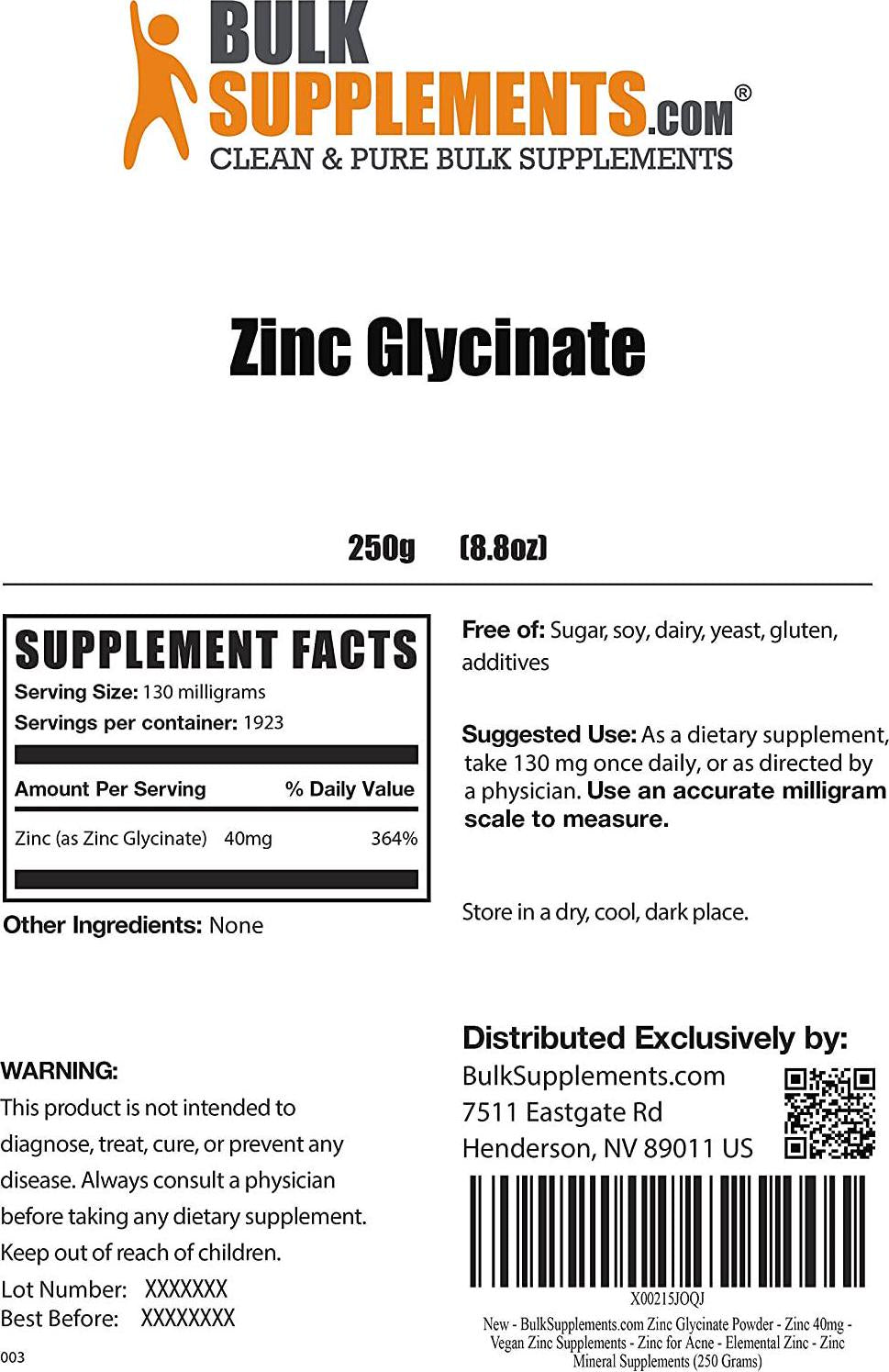 BulkSupplements.com Zinc Glycinate Powder - Zinc 40 mg - Vegan Zinc Supplements - Elemental Zinc - Zinc Mineral Supplements - Zinc Vegan - Vitamin Zinc - Zinc for Acne (250 Grams - 8.8 oz)