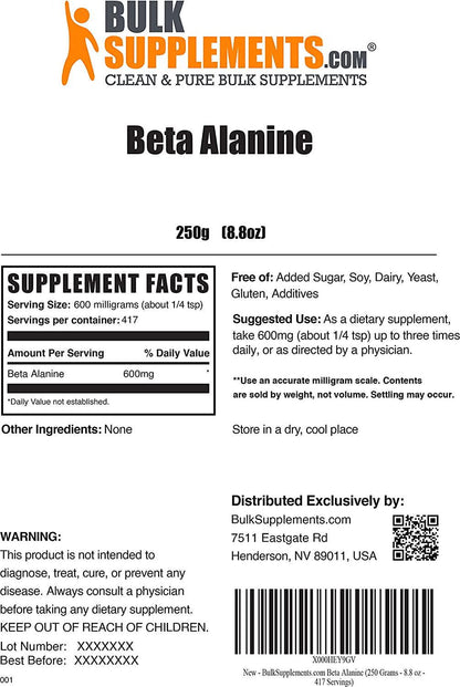 BulkSupplements.com Beta Alanine Powder - Workout Recovery - Muscle Recovery Supplements - Beta Alanine Supplement - Vegan Preworkout Powder - Running Pre Workout Supplement (250 Grams - 8.8 oz)