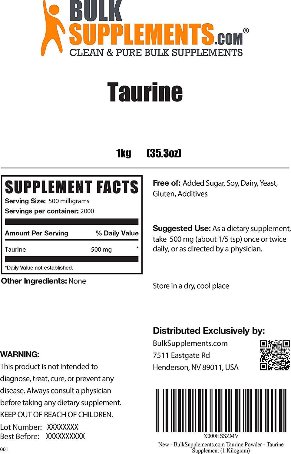 BulkSupplements.com Taurine Powder - Taurine Supplement - Dog Electrolytes - Unflavored Pre Workout Powder - Amino Acids Supplement - Heart Health Supplements - Eye Supplements (1 Kilogram - 2.2 lbs)