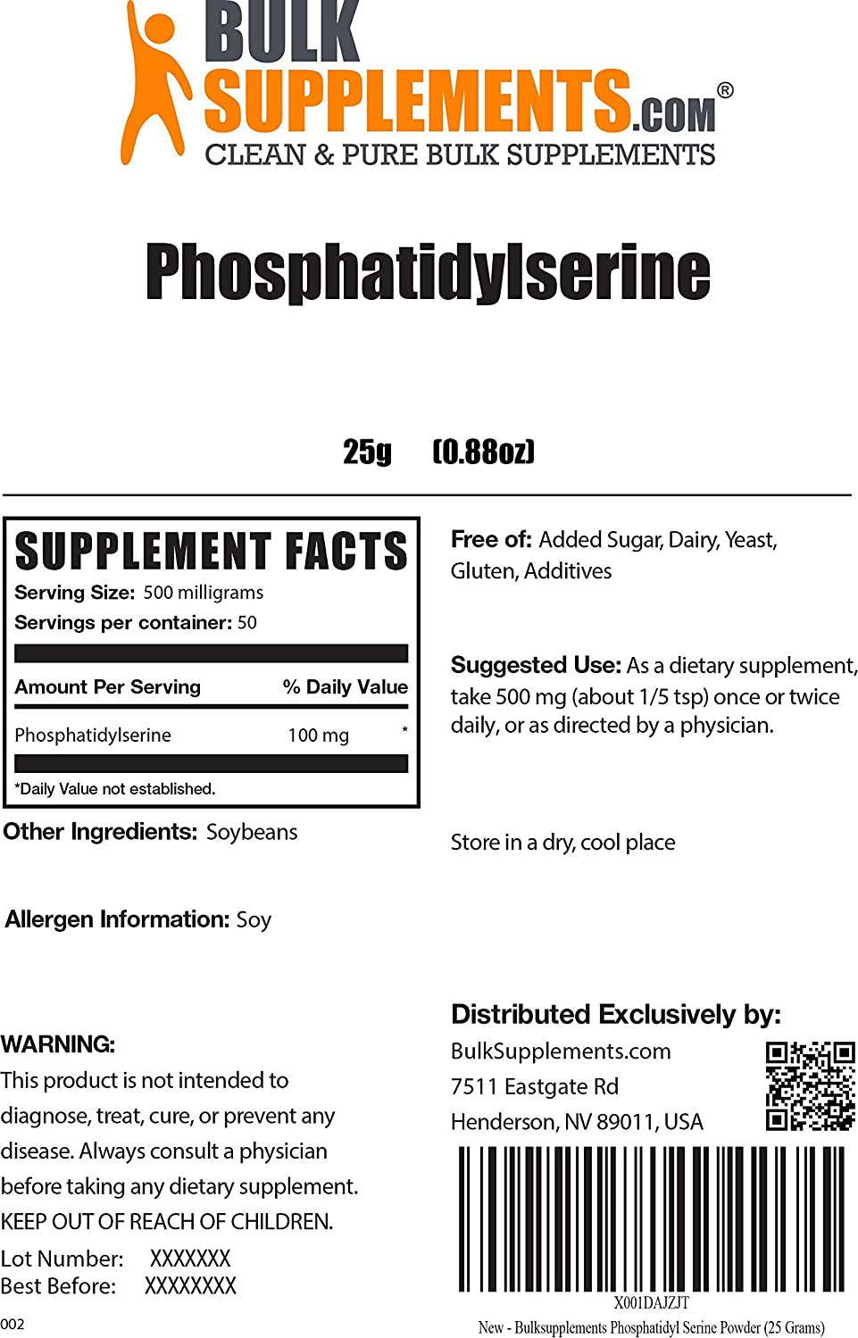 BulkSupplements.com Phosphatidylserine Powder - Brain Supplements - Brain Supplements for Memory and Focus - Phosphorus Supplements - Focus Aid - Brain Vitamins Memory for Adults (25 Grams - 0.88 oz)
