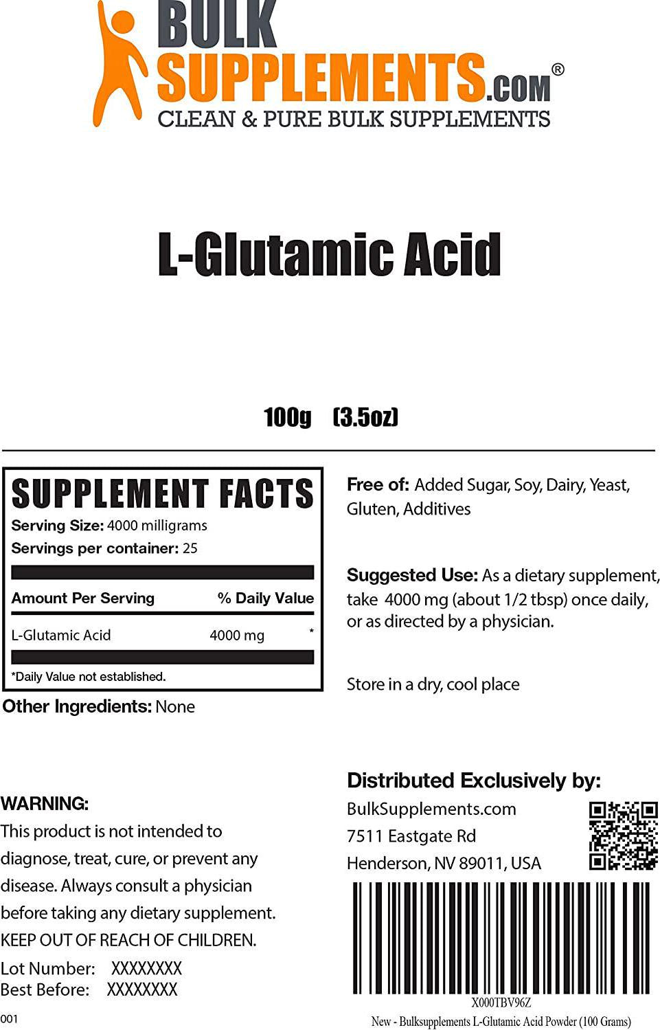 BulkSupplements.com L-Glutamic Acid Powder - Amino Acid Nutritional Supplements - Amino Acids Supplement for Men (100 Grams - 3.5 oz)