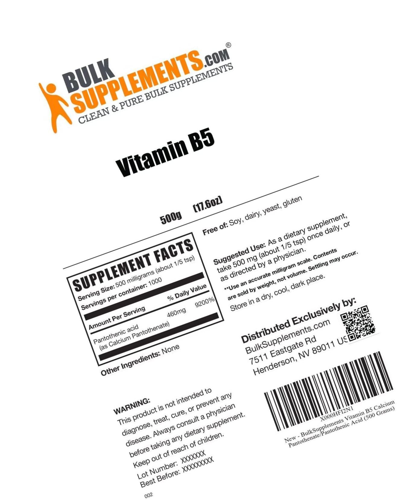 BulkSupplements.com Vitamin B5 Powder - Pantothenic Acid 500mg - Skin Vitamins - B5 Vitamins - Acne Supplements - Acne Vitamins - Clear Skin Vitamins (500 Grams - 1.1 lbs)