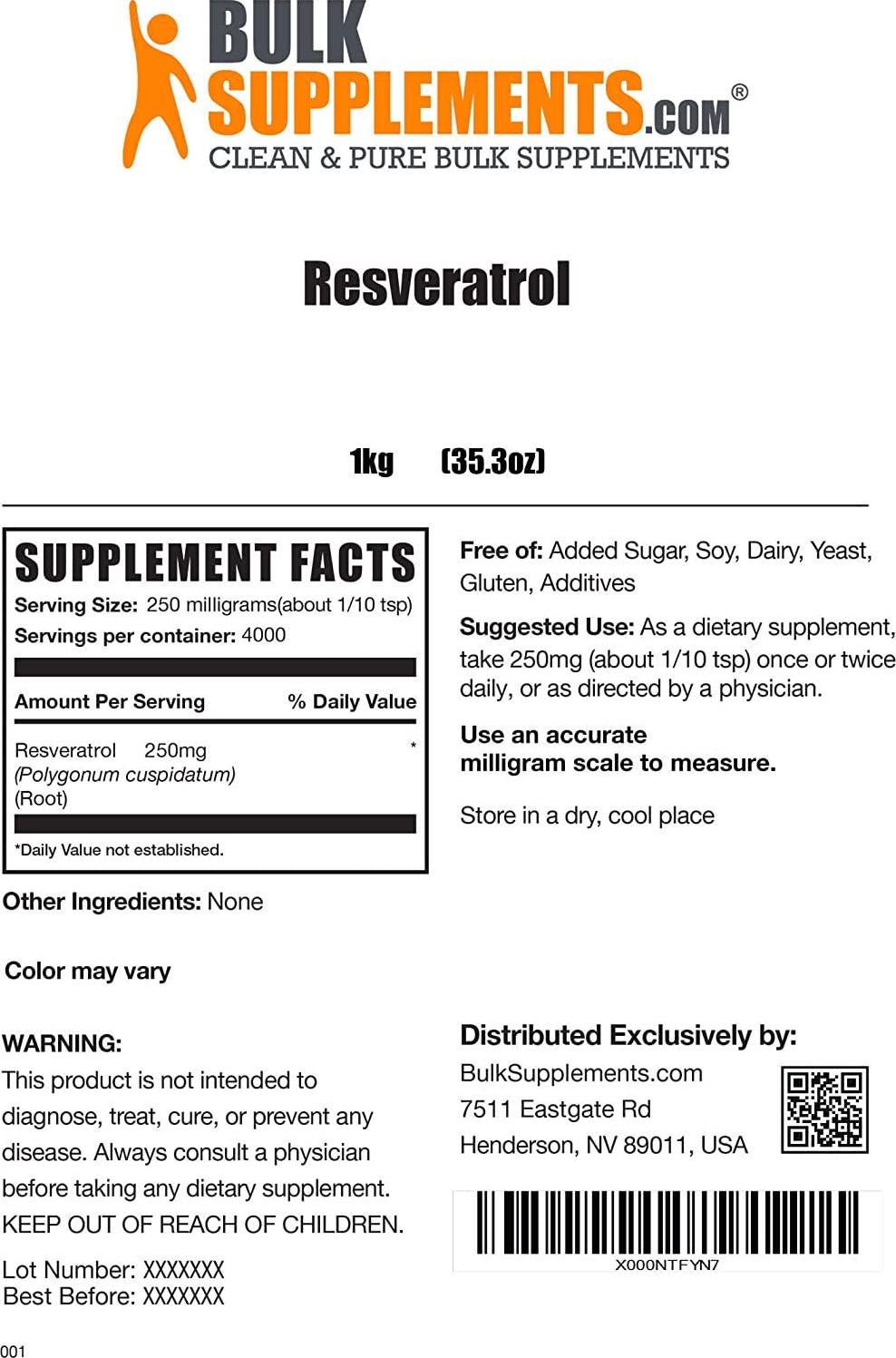 BulkSupplements.com Pure Resveratrol Powder - Antioxidants Supplement - Anti Aging Supplement - Nutritional Supplements - Brain Juice - Heart Supplements - Nad Booster (1 Kilogram - 2.2 lbs)