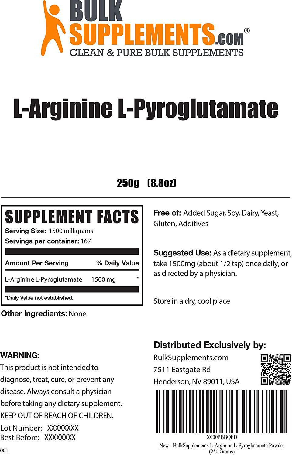BulkSupplements.com L-Arginine L-Pyroglutamate Powder - Nitric Oxide Supplement - Pure Pump - L Arginine Supplement - Nitric Acid (250 Grams - 8.8 oz)