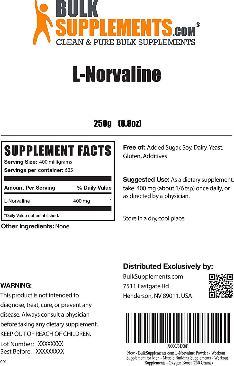 BulkSupplements.com L-Norvaline Powder - Workout Supplement for Men - Muscle Building Supplements - Workout Supplements - Oxygen Boost (250 Grams - 8.8 oz)