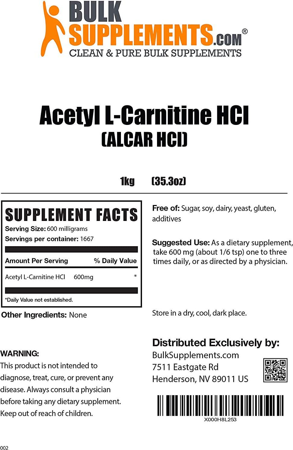 BulkSupplements.com ALCAR HCl Powder (Acetyl L-Carnitine) - Memory Supplement for Brain - Brain Supplements for Memory and Focus - Choline Supplements - Acetyl L Carnitine Powder (1 Kilogram 2.2 lbs)