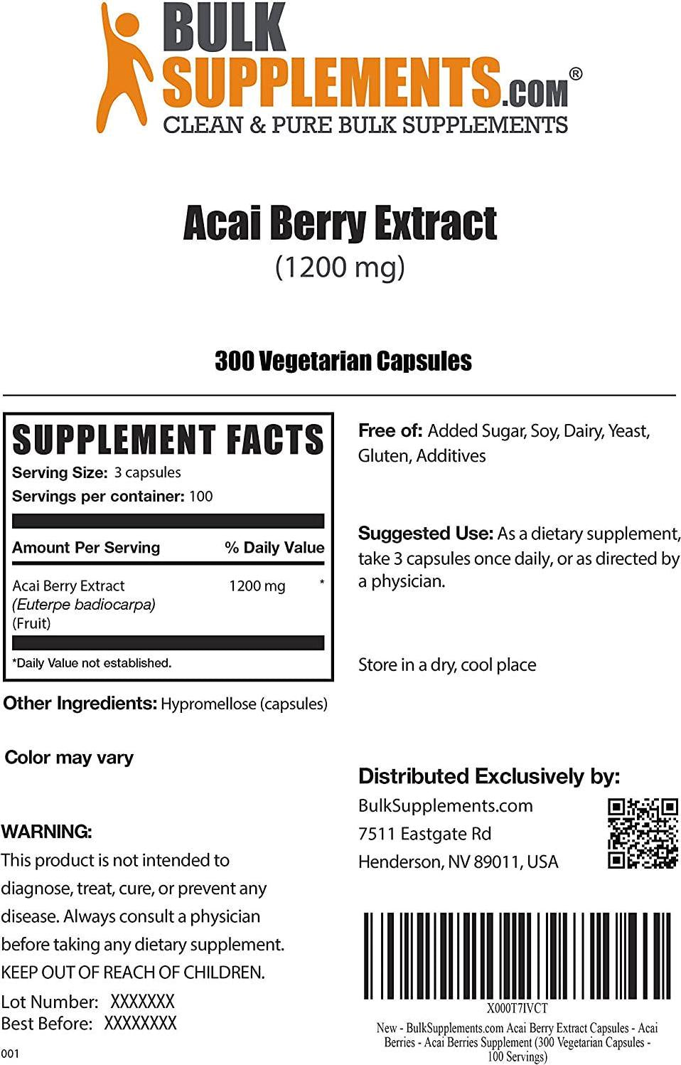 BulkSupplements.com Acai Berry Extract Capsules - Acai Berries - Acai Berries Supplement - Fruit Supplement Capsule - (300 Vegetarian Capsules 100 Servings)